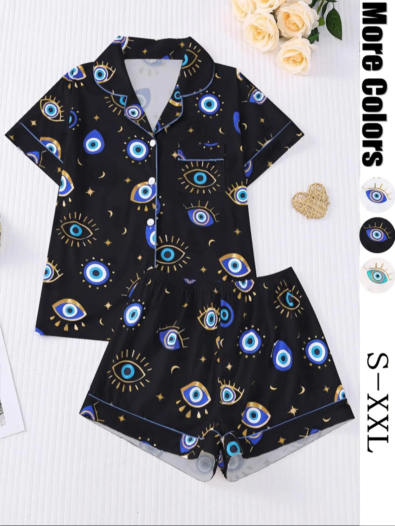 Women's All Over Cartoon Eye Print Short Sleeve Two-Piece Set