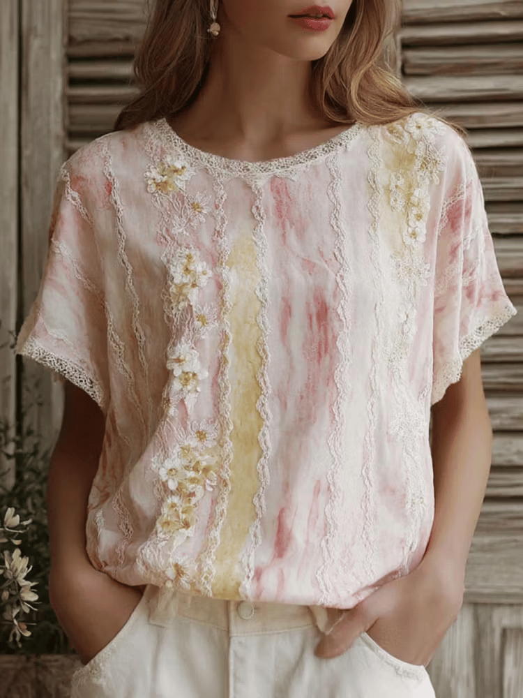 Women's Casual Retro Short-Sleeve Top with Floral Breast Cancer Awareness Print