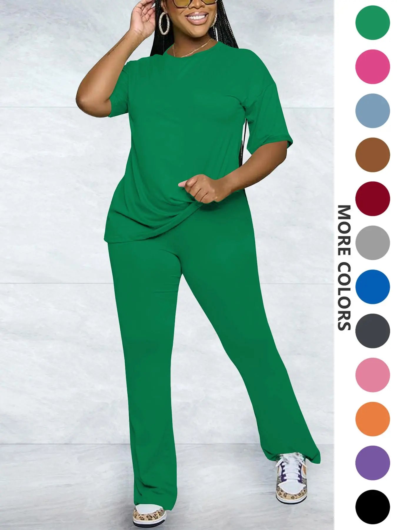 Women's Solid Round Neck Drop Shoulder Fitted Tee & Pants Two-piece Set, Casual Basic Fashion Cozy Half Sleeve T-shirt & Trousers for Daily Outdoor Wear, Women's Clothing for Fall, Casual Loungewear Set
