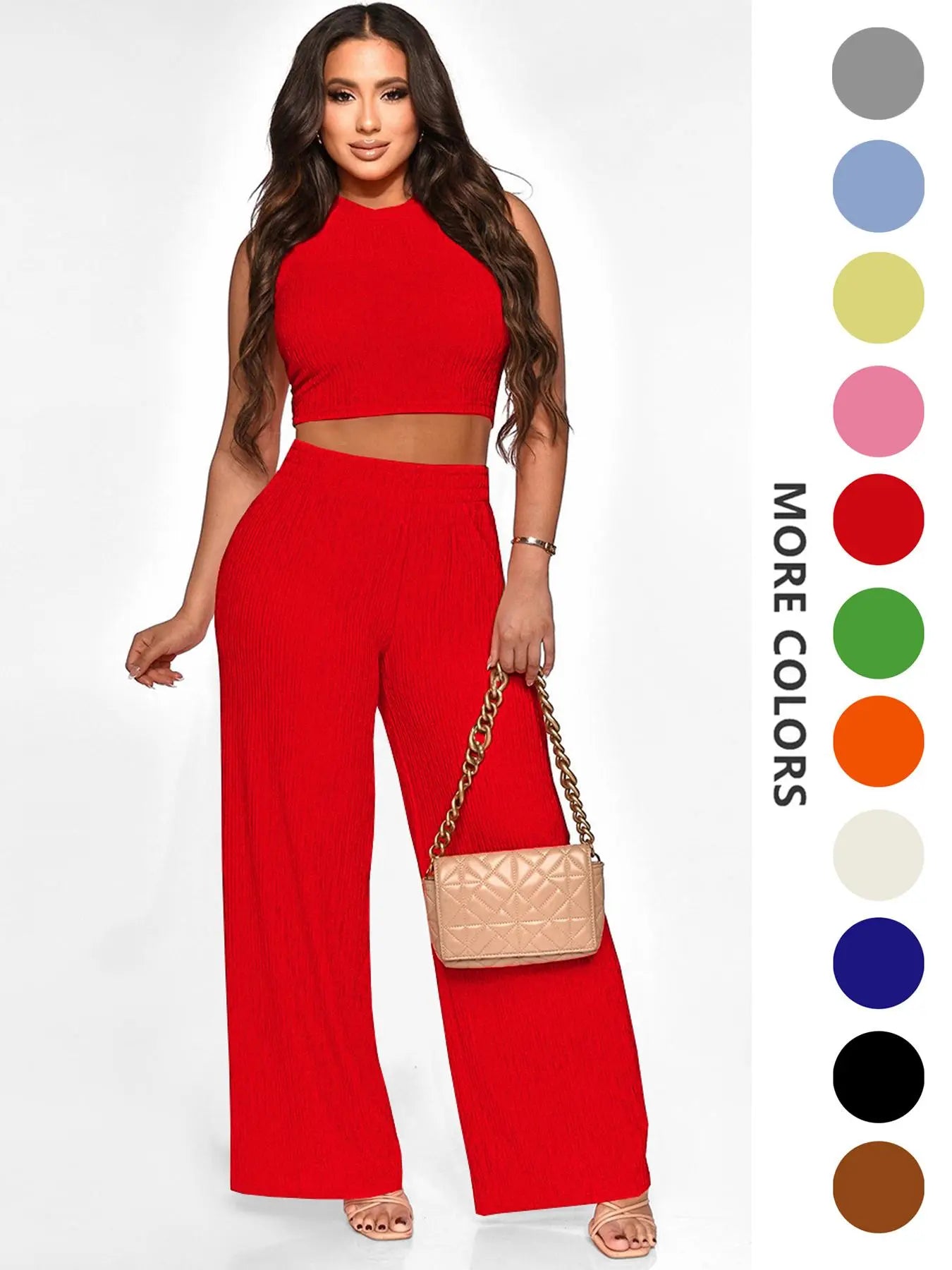 Two-Piece Set Women's Solid Textured Knit Fabric Co-ord Set Suits, Casual Round Neck Crop Tank Top & High Waist Wide Leg Pants Set, Ladies Summer Fit Clothes for Daily Wear, Womenswear