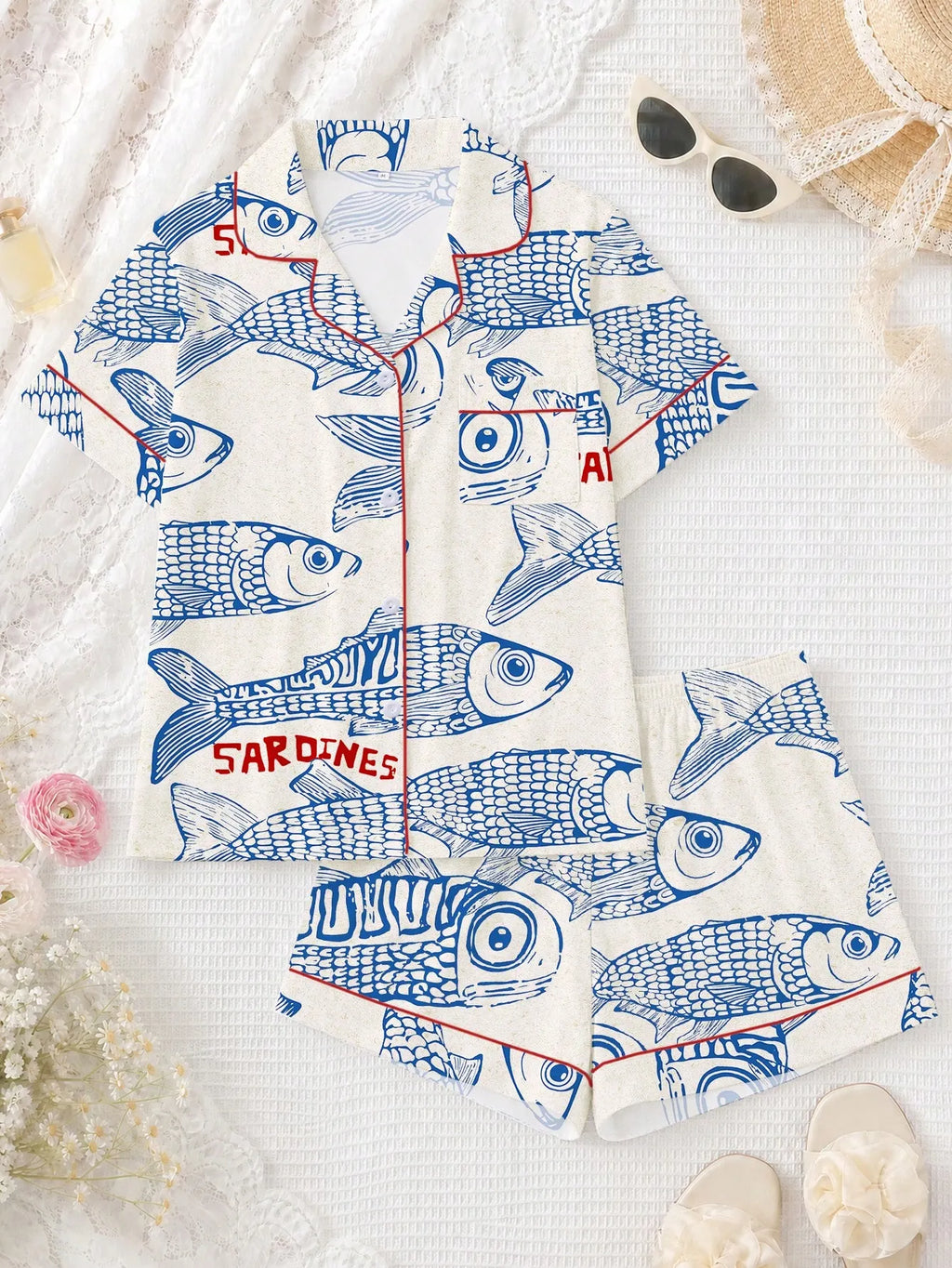 2pcs Women Pajama Set, Sardine Print, Ladies Homewear, Spring/Summer Holiday Outfit, Short Sleeve Lapel Top And Shorts Can Be Worn Outdoors
