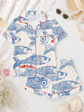 2pcs Women Pajama Set, Sardine Print, Ladies Homewear, Spring/Summer Holiday Outfit, Short Sleeve Lapel Top And Shorts Can Be Worn Outdoors