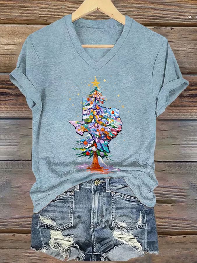 V-Neck Retro Texas Christmas Tree Watercolor Painting Print T-Shirt
