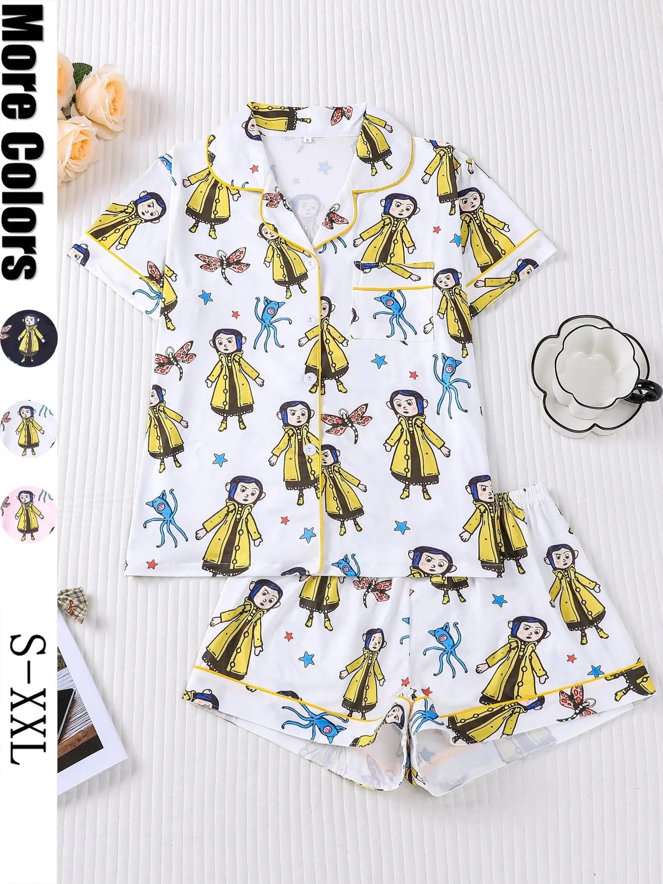 Women's Monkey Print Pajama Set, Short Sleeve Button Front Top & Elastic Shorts
