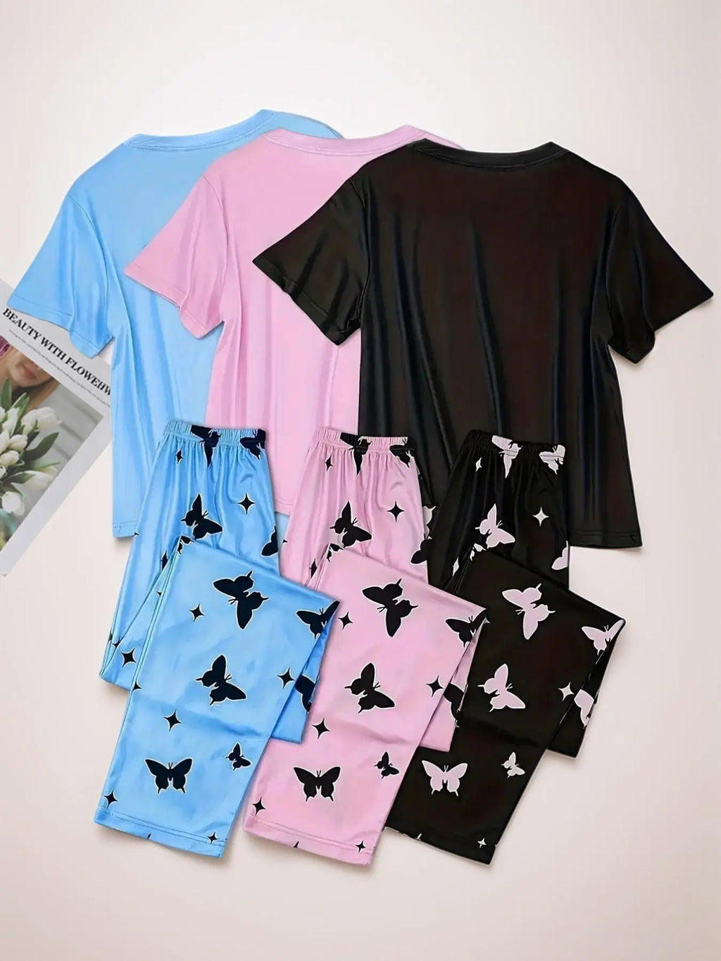 6 Counts Women's Heart & Butterfly Print Pyjama Set