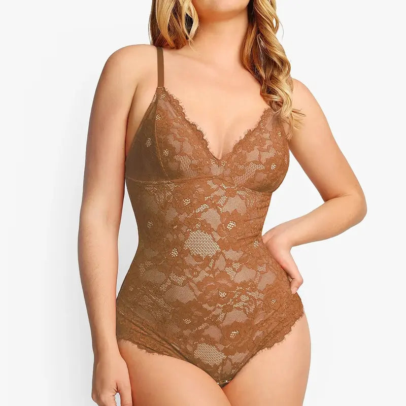 Popilush Basic Full Lace Built in Shapewear Bodysuit Women Vneck Compression Sleeveless Thong Tummy Control Backless Adjustable Sexy Bodysuit Womenswear Summervibe