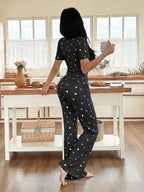 Women's Heart Print Short Sleeve Sleepwear Set, Breathable Fabric, Soft and Comfortable, Indoor Outdoor Wear, Casual Home Clothes Two-Piece Pajama Set Loungewear