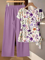 2pcs Women's Casual Bohemian Purple Floral Shirt & Pants Set,Summer Boho Vacation Outfit, Retro Beach Resort,Perfect For Wedding Guest Party