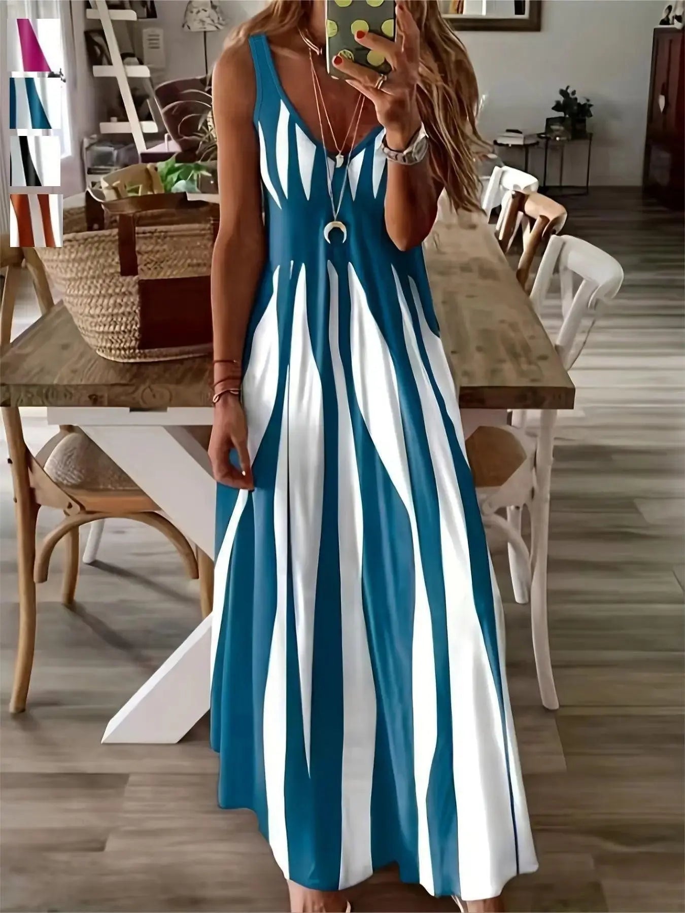 Summer New Arrival Women's Casual Sleeveless Striped V-Neck Long Dress, Sweet Style Elegance Loose-Fitting Daily Wear, Perfect for Outdoor Activities