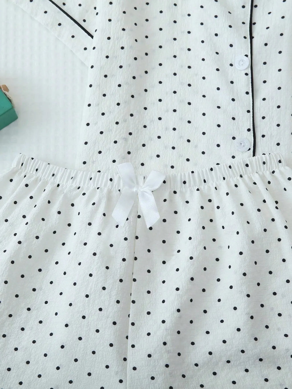2pcs/Set Women's Mini Polka Dot Printed Pajama Set With Contrast Trim Button-Down Shirt And Bowknot Shorts, Perfect For Home Wear In Summer White Set,Two Pieces Set