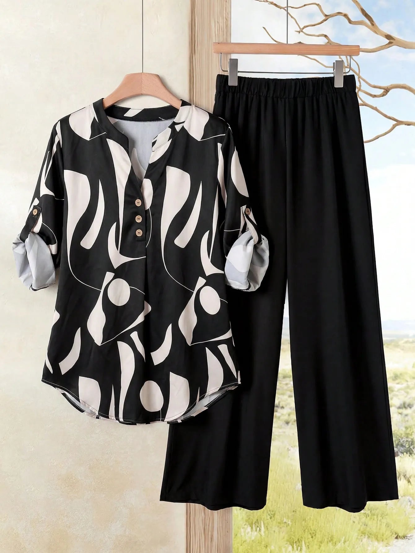 2pcs Women Contrast Color Print Shirt And Pants Set Old Money Style Business Casual Woman Blouse Sets For Ladies Two Piece