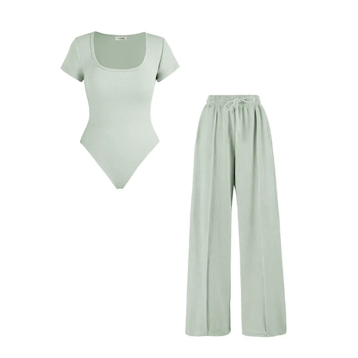Women's Trendy Square Neck Shaping Bodysuit & High Waist Wide Leg Pockets Trousers Co-ord,Short Sleeve Shapewear,Two-Piece Outfit for Womenswear