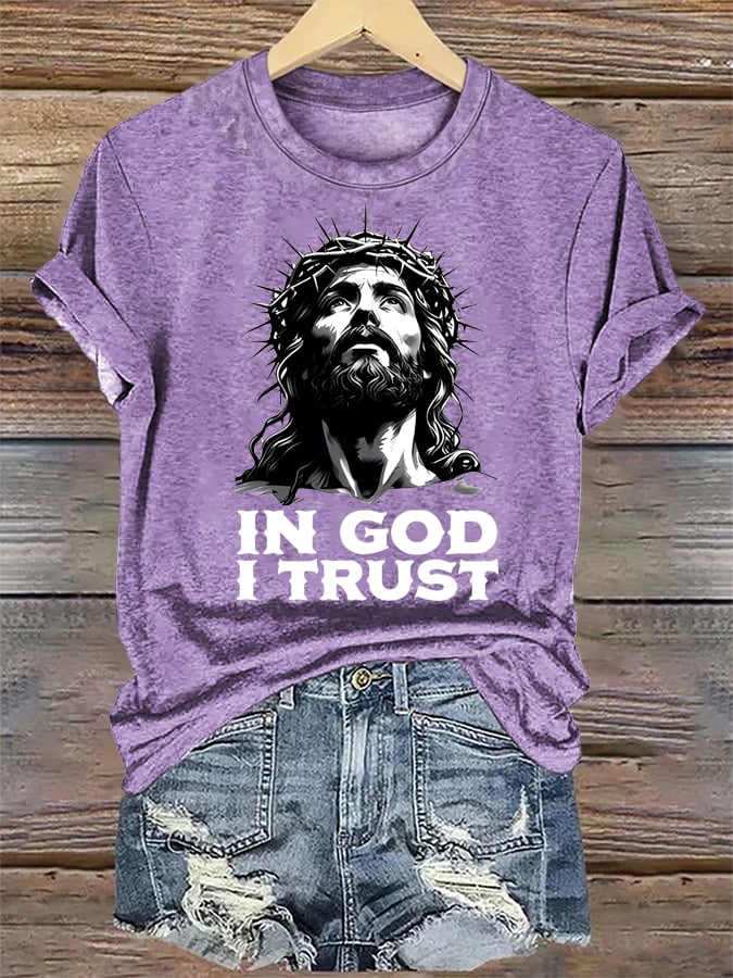 Women's  In God I Trust Christian T-Shirt, Retro Jesus Portrait Graphic Tee, Faith Based Religious Shirt