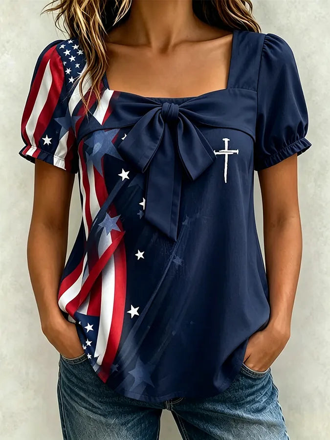 Women's Patriotic Commemorative Art Design Square Neck Retro Short Sleeve T-shirt