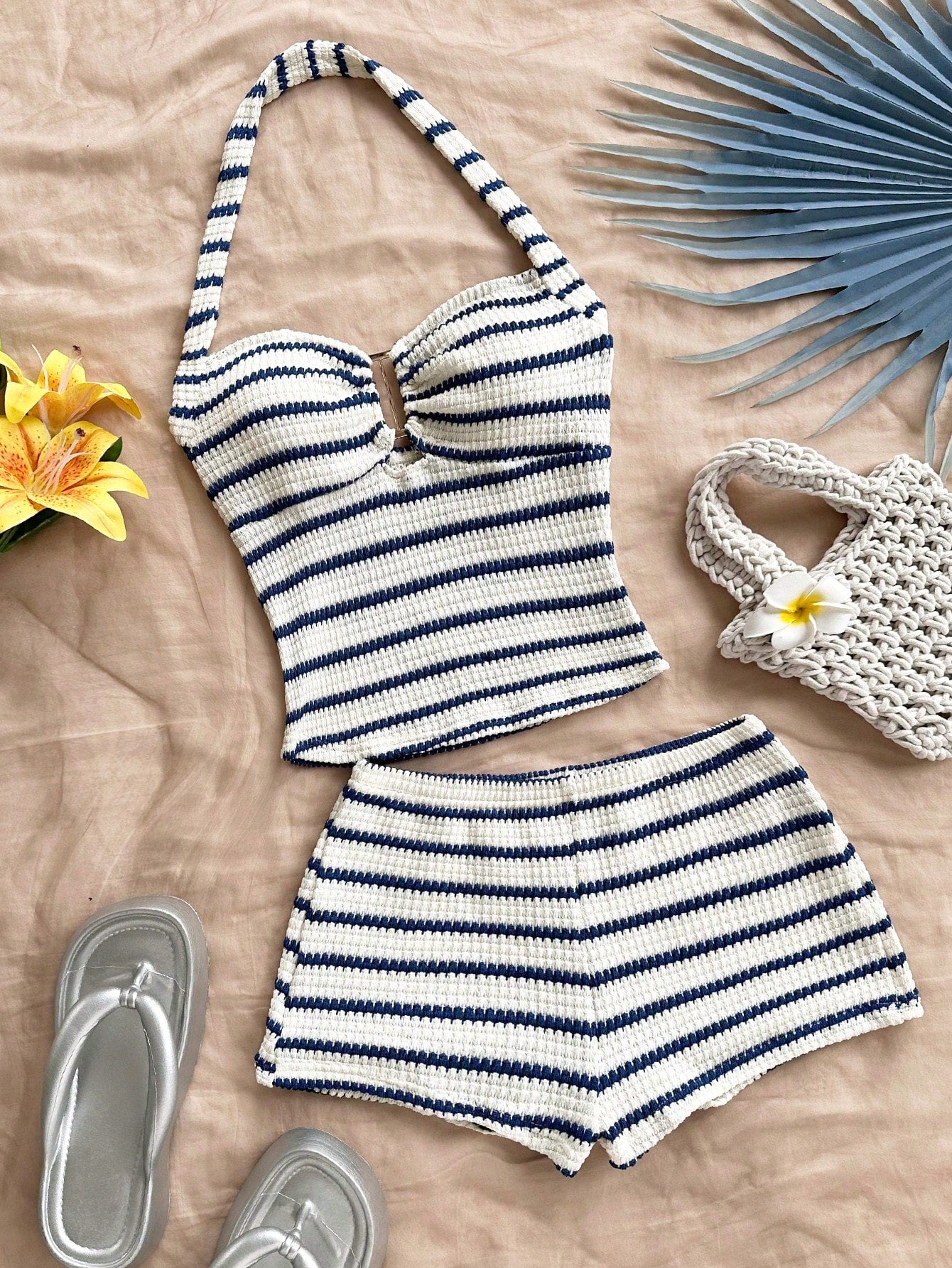 Soleia Women's Vacation Striped Halter Top And Shorts Casual 2 Pieces Set
