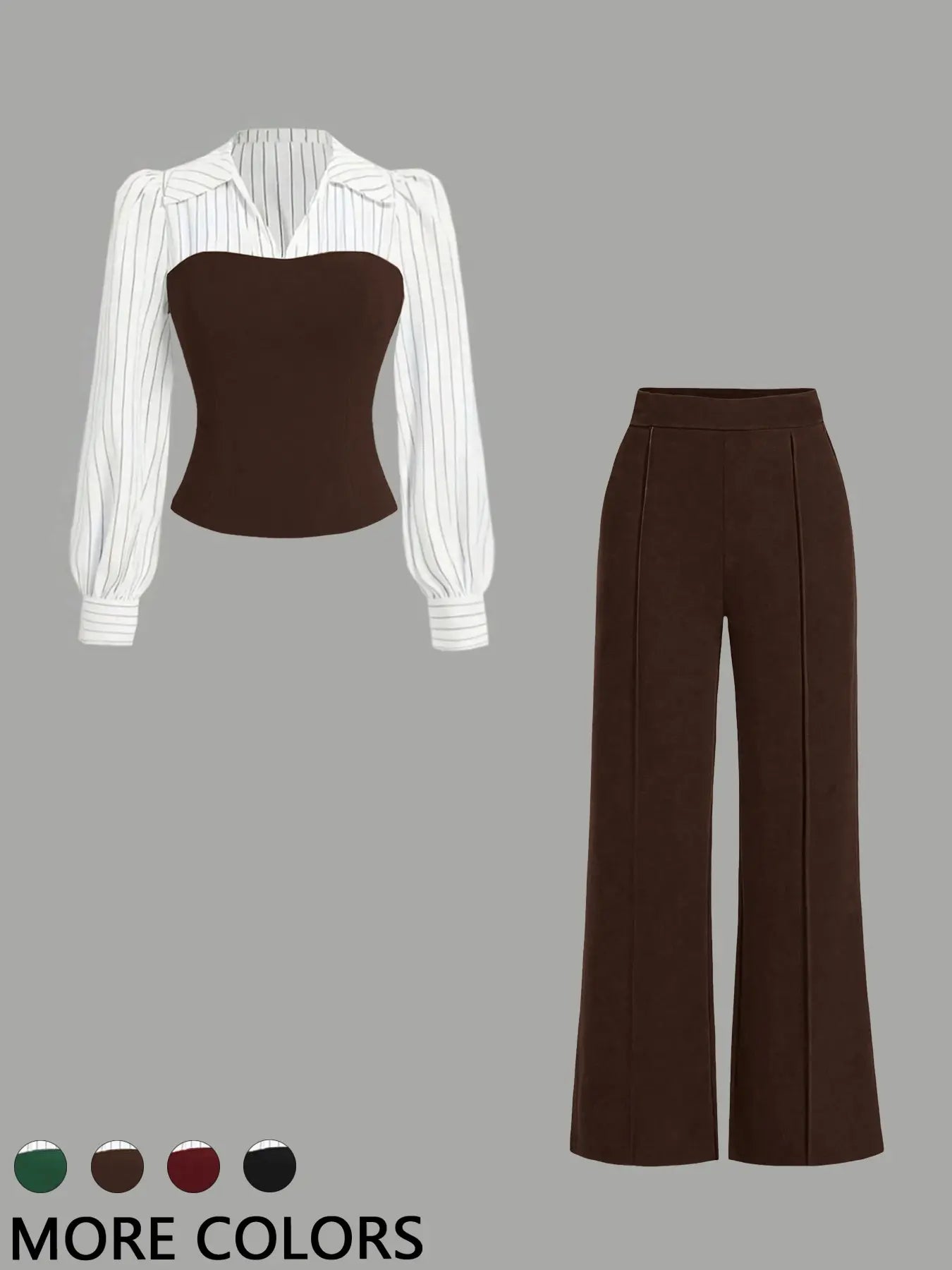 Women's Long Sleeve Colorblock Patchwork Shirt Set, Slimming Waist Design, Straight Leg Pants, Casual Fashion, Chic, Style, 2 Piece Set, Womenswear