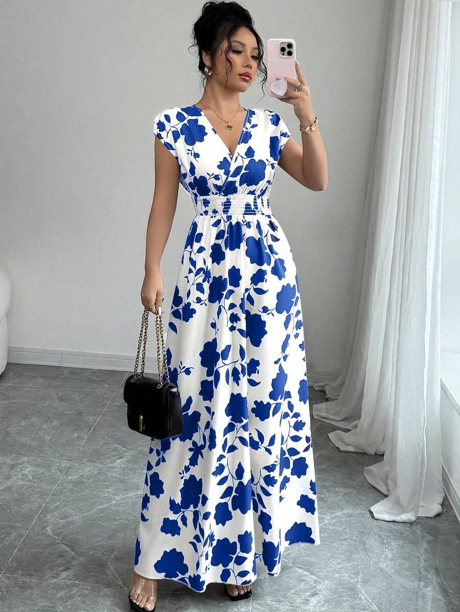 Elenzga Women V-Neck Allover Print Casual Long Dress