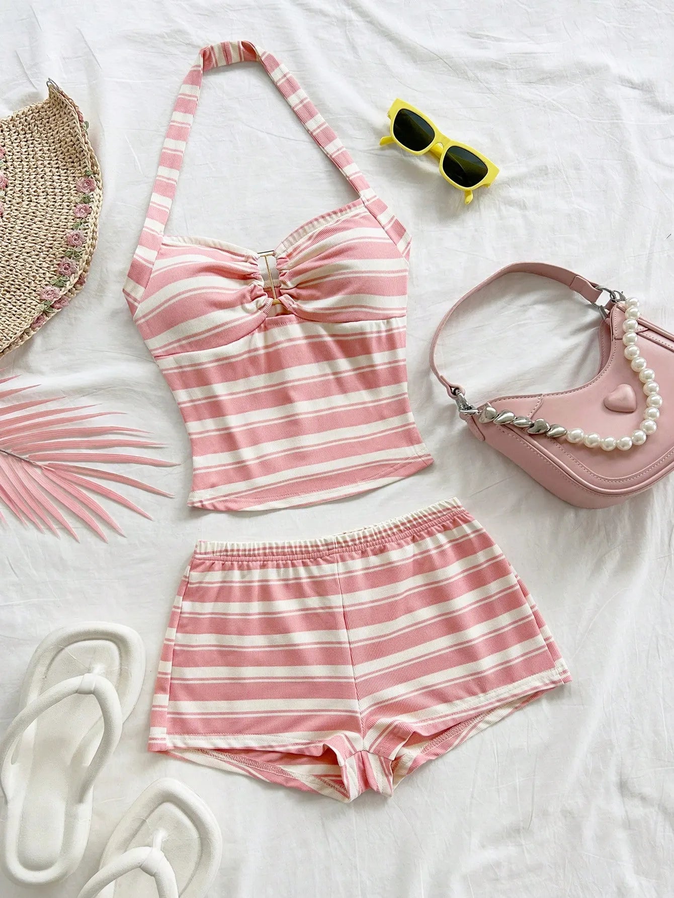 Soleia Women's Vacation Striped Halter Top And Shorts Casual 2 Pieces Set