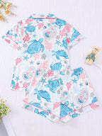 2pcs Women Pajama Set, Ocean Turtle Print, Ladies Homewear, Spring/Summer Holiday Outfit, Short Sleeve Polo Shirt And Shorts Suit