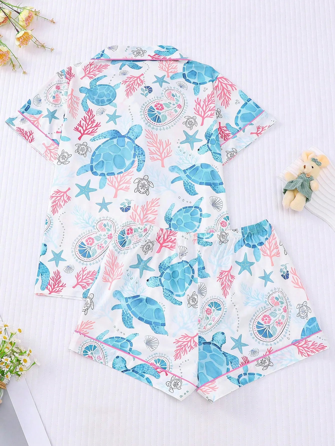 2pcs Women Pajama Set, Ocean Turtle Print, Ladies Homewear, Spring/Summer Holiday Outfit, Short Sleeve Polo Shirt And Shorts Suit
