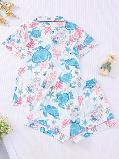 2pcs Women Pajama Set, Ocean Turtle Print, Ladies Homewear, Spring/Summer Holiday Outfit, Short Sleeve Polo Shirt And Shorts Suit
