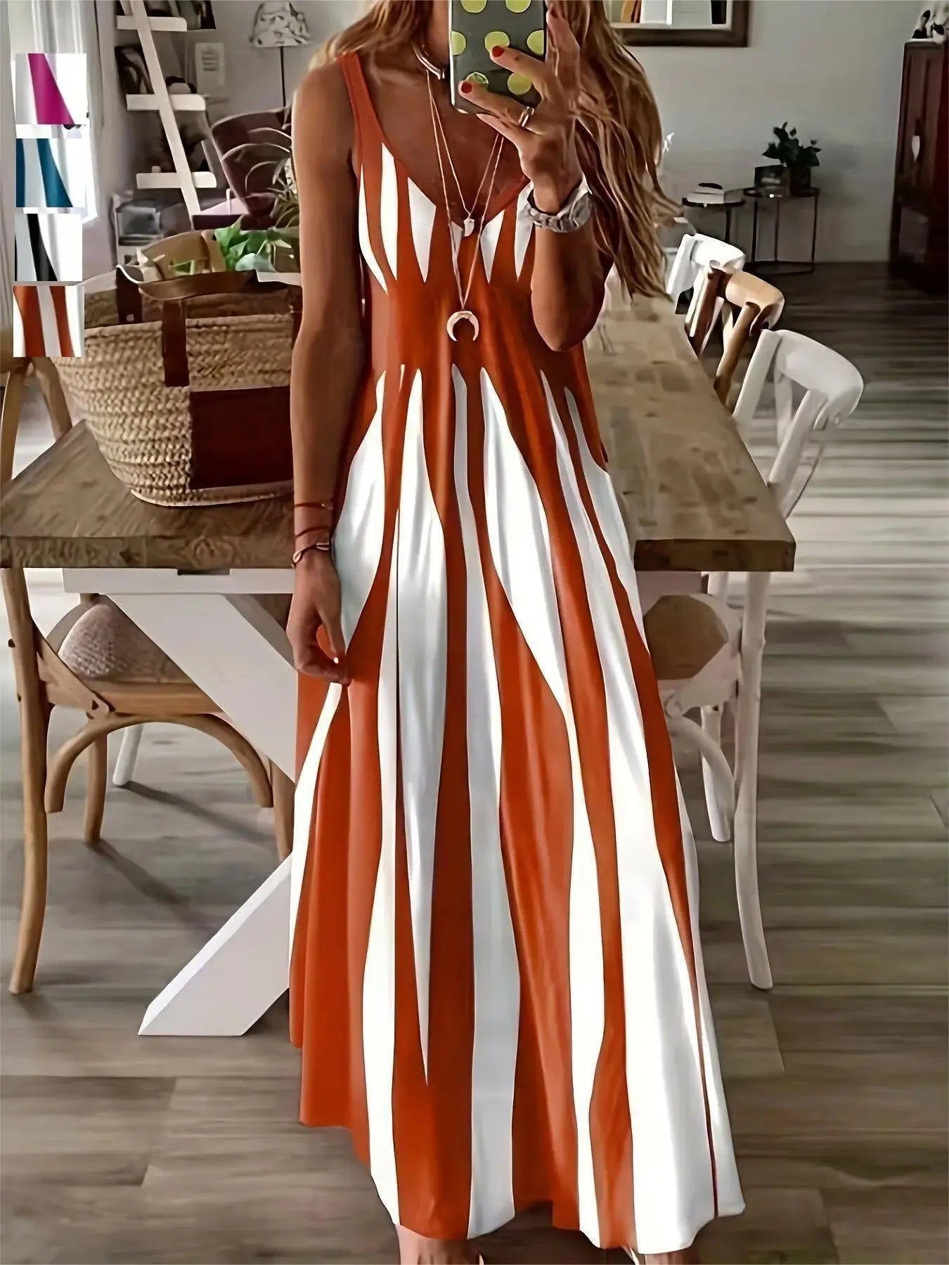 Summer New Arrival Women's Casual Sleeveless Striped V-Neck Long Dress, Sweet Style Elegance Loose-Fitting Daily Wear, Perfect for Outdoor Activities