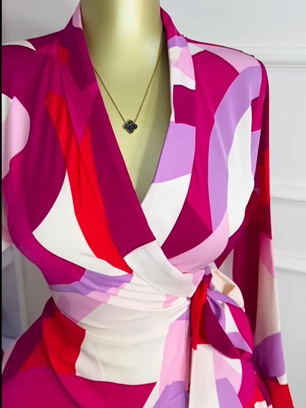 Women's Tie-Dye Print Flare Long Sleeve Dress, V-Neck Bow Hem, Fall Winter Wear, Elegant Vacation Party Birthday Dress