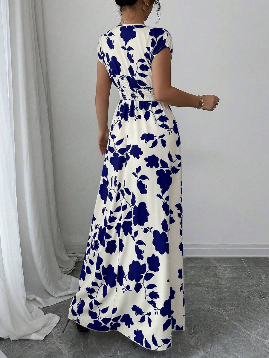 Elenzga Women V-Neck Allover Print Casual Long Dress