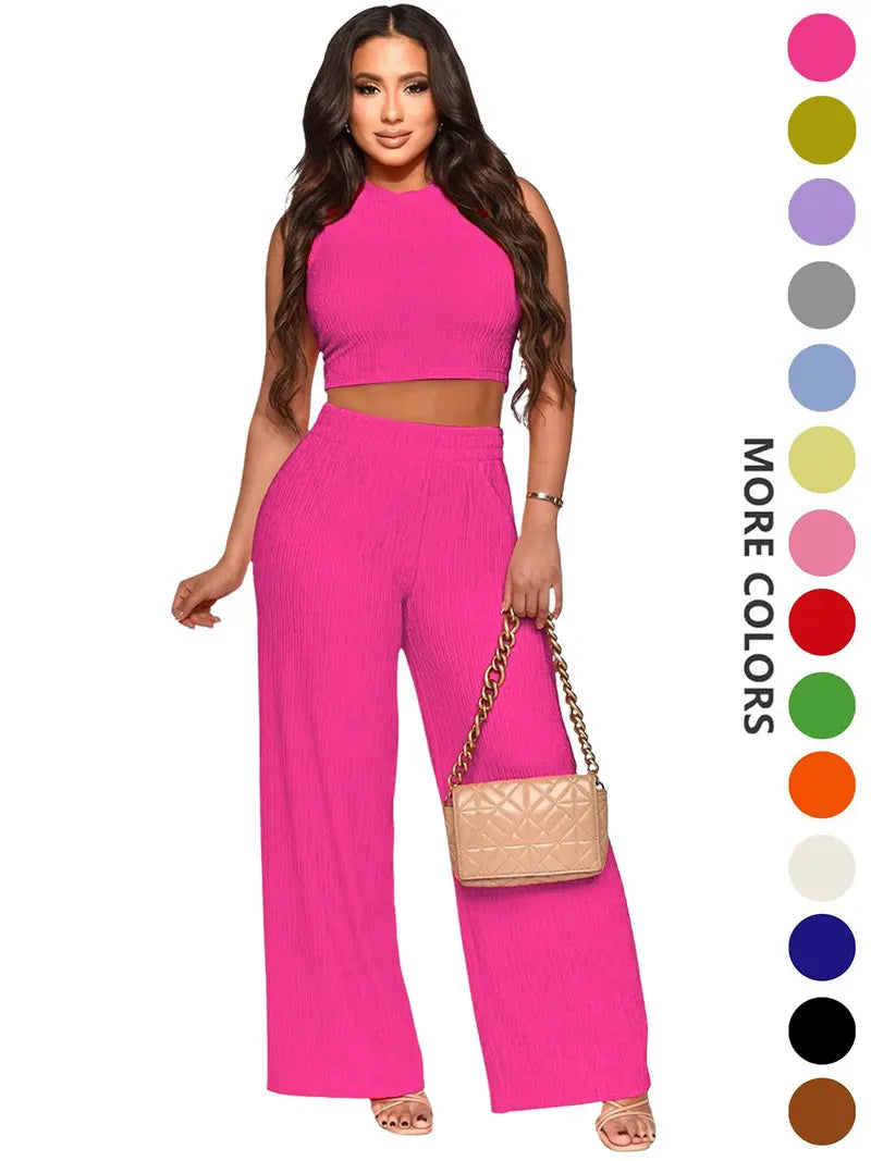 Two-Piece Set Women's Solid Textured Knit Fabric Co-ord Set Suits, Casual Round Neck Crop Tank Top & High Waist Wide Leg Pants Set, Ladies Summer Fit Clothes for Daily Wear, Womenswear