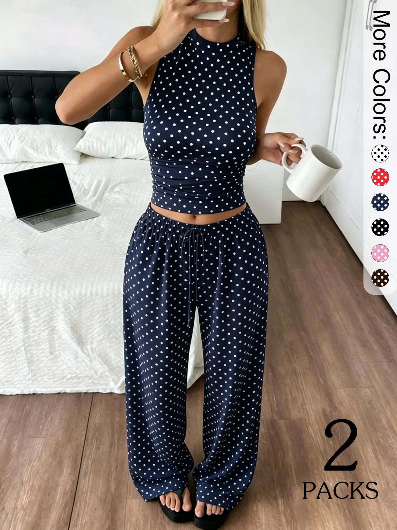 2 Pack Women's Polka Dot Loungewear Set, Sleeveless High Neck Crop Top & Wide Leg Pants, Clean Girl Style Minimalist Summer Outfits with Drop Waist, Slim Fit Lingerie Outfit for Daily Wear & Casual Lounging