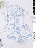 Women's All Over Print Button Front Top & Elastic Waist Shorts Pyjama Two-piece Set