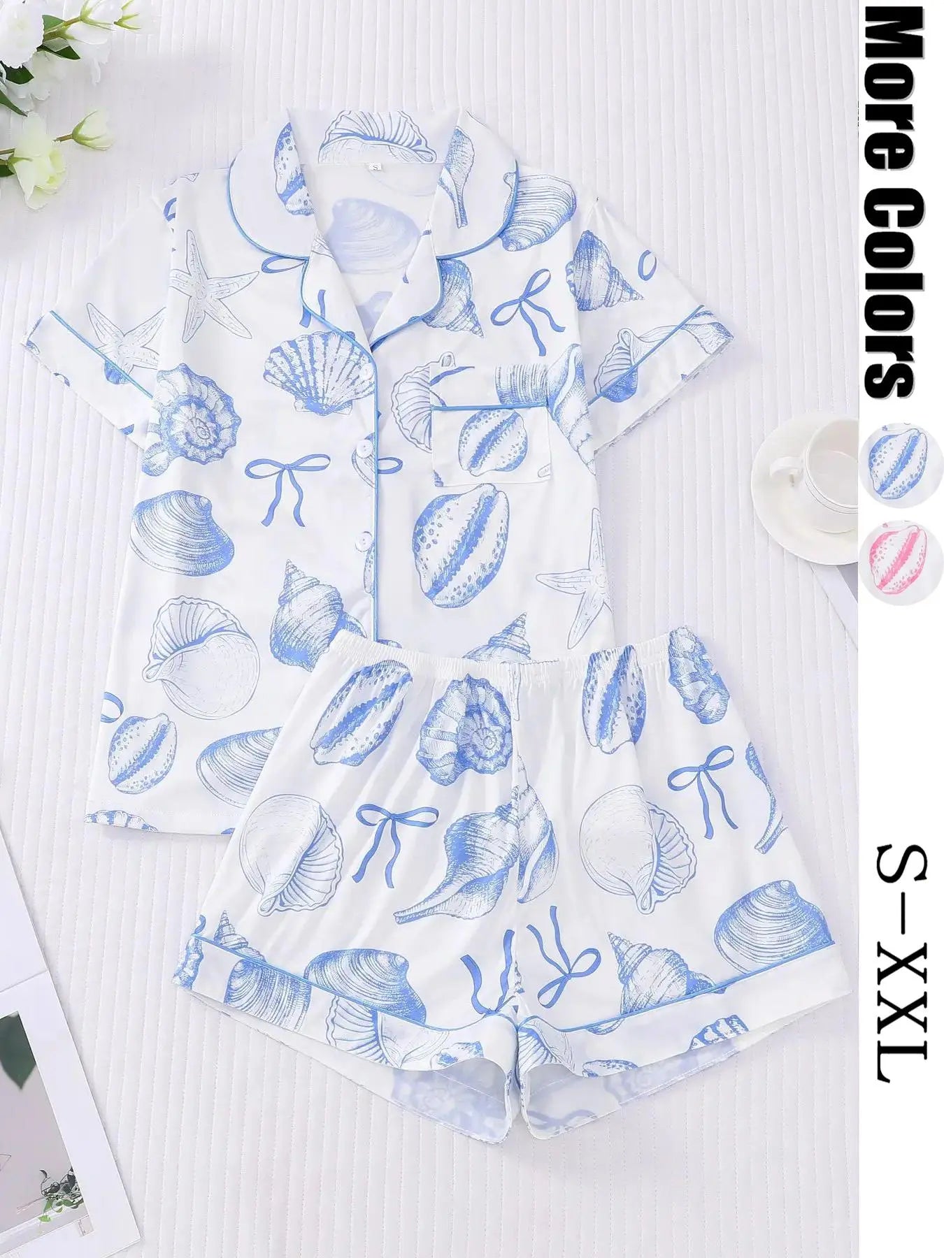Women's All Over Print Button Front Top & Elastic Waist Shorts Pyjama Two-piece Set
