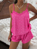 CottageSlumber Knitted Rib Fabric, Heart Print Patchwork With Lace Trim, Romantic Sweet Cute Sexy Camisole Women Summer Sets Outfit Pajamas Polka Dot Short Set PJS