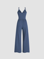 Valentine's Day Two-piece Set Women's Fitted Solid Color Lettuce Trim Mock Neck Sheer Lace Top & Pocket Wide Leg Cami Jumpsuit, Elegant Fashion Casual Two Piece Outfits for Daily Outdoor Wear, Women Clothes for Spring Fall, Womenswear Sleeves Lady