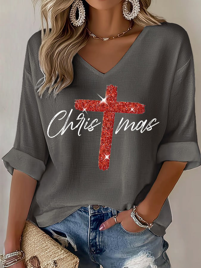 V-Neck Retro Christmas Faith Cross Print T-Shirt