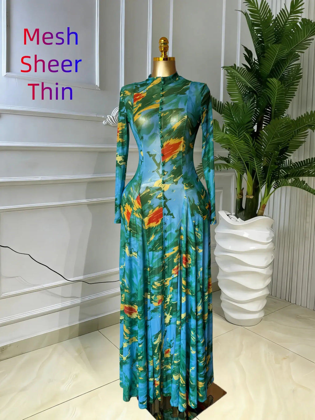 Women's O-Neck Long Sleeve Woven Maxi Dress, Tie-Dye Print, Romantic Valentine's Day Party Outfit Gown, Sexy Mesh Sheer Dress, Spring Sexy Club Street Evening Wear Lady Skirts