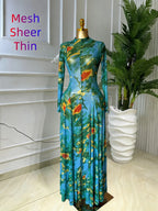 Women's O-Neck Long Sleeve Woven Maxi Dress, Tie-Dye Print, Romantic Valentine's Day Party Outfit Gown, Sexy Mesh Sheer Dress, Spring Sexy Club Street Evening Wear Lady Skirts