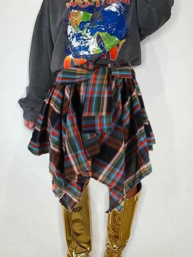 Women's Fashion Woven Plaid Print Asymmetrical Hem High Waisted Skirt