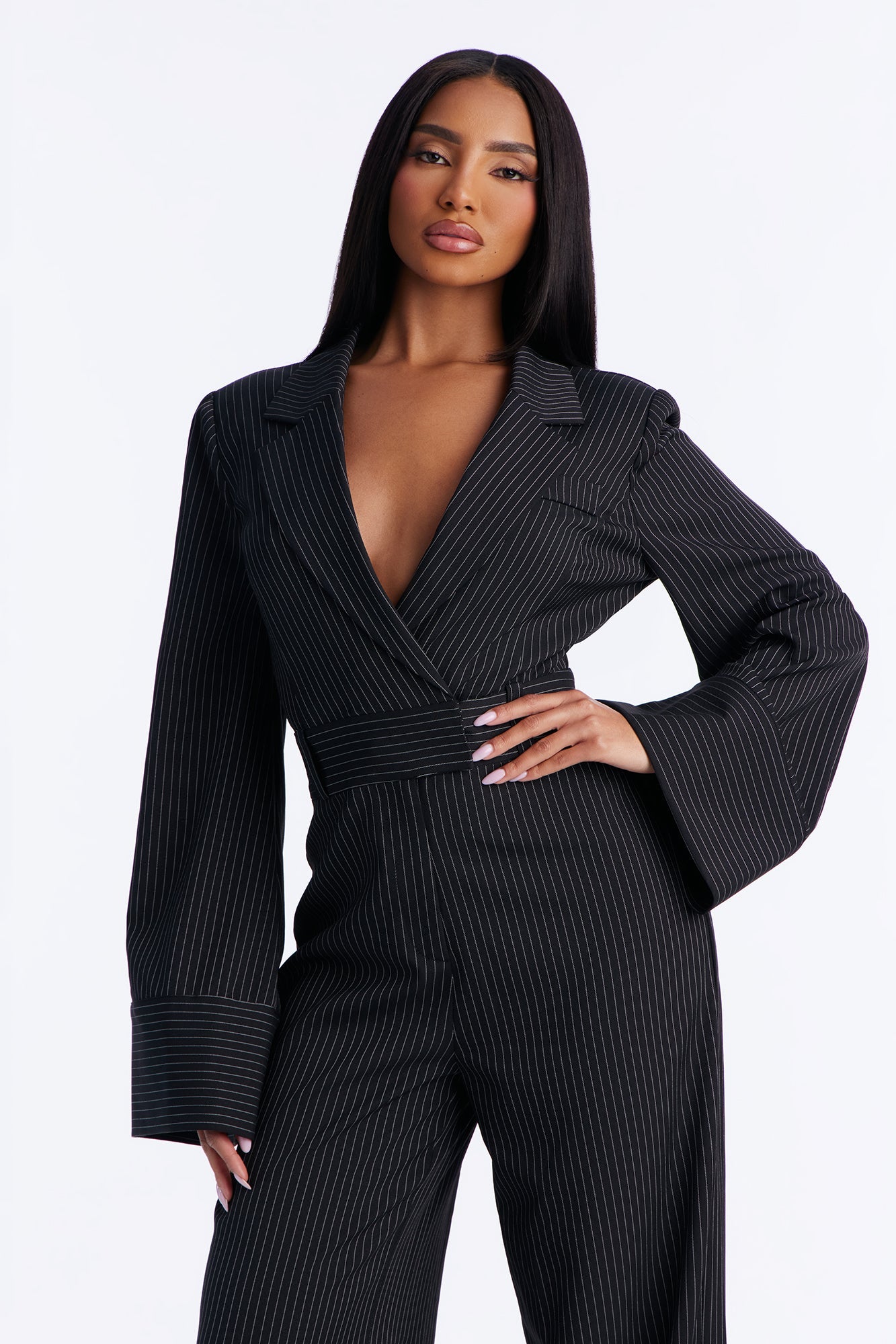 Kylie Blazer Pinstripe Wide Leg Jumpsuit - Black