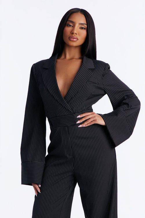 Kylie Blazer Pinstripe Wide Leg Jumpsuit - Black