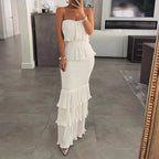 Women's Bandeau Shirred Ruffle Hem Wedding Guest Layered Wedding Dress/Women's Ruched Bodycon Dress/Women's Shirred Ruffle Hem Dress Womenswear