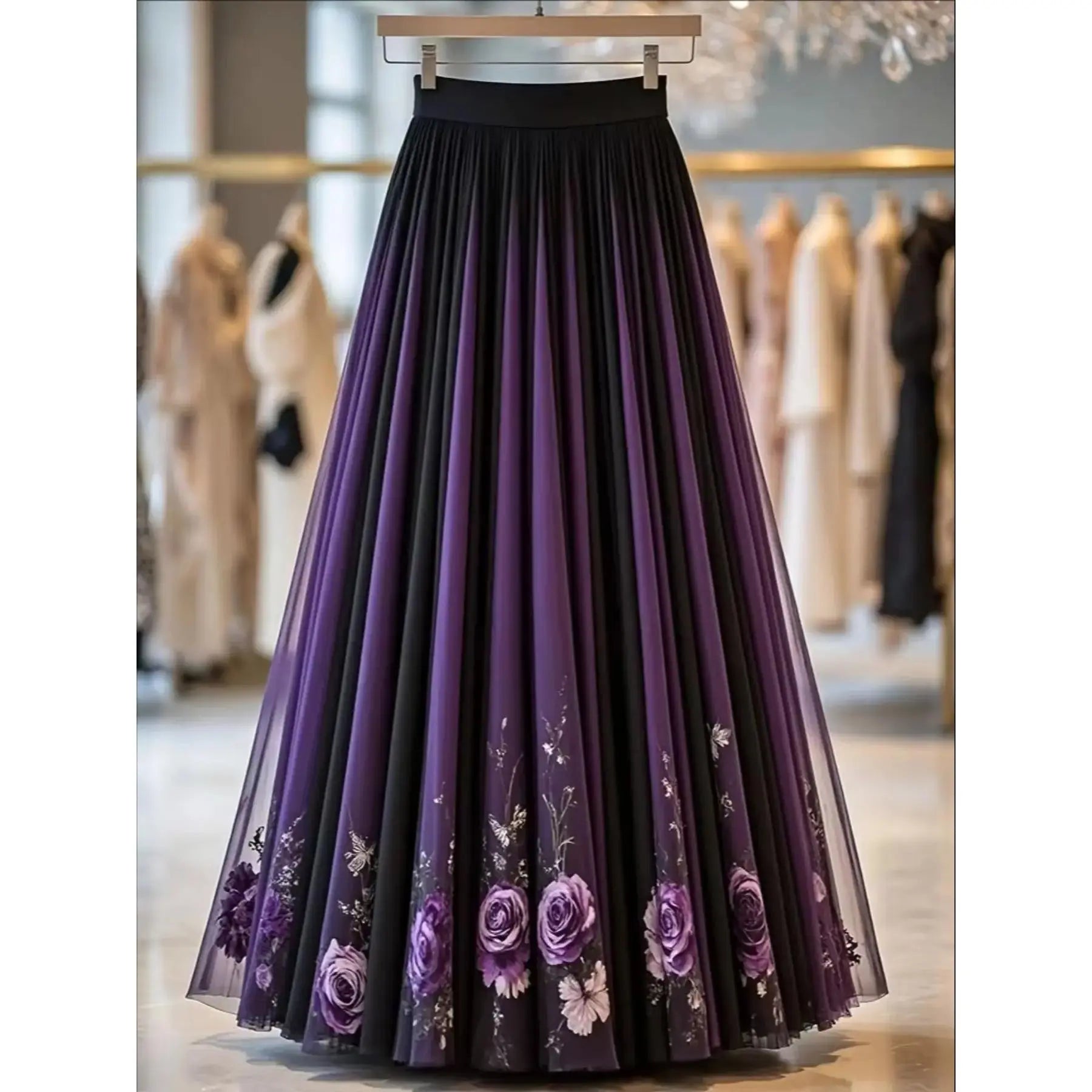Elegant Floral Pattern Mesh Long Fitted Skirt, Women's Fashion Clothing, Perfect for Parties & Special Occasions