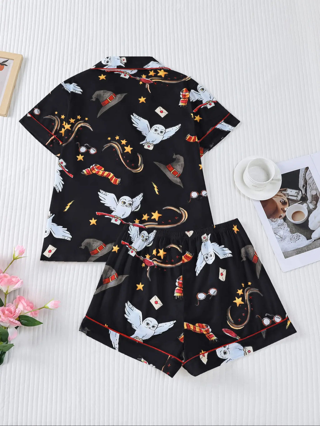 Women's Owl Print Short Sleeve Top & Elastic Waist Shorts Pyjama