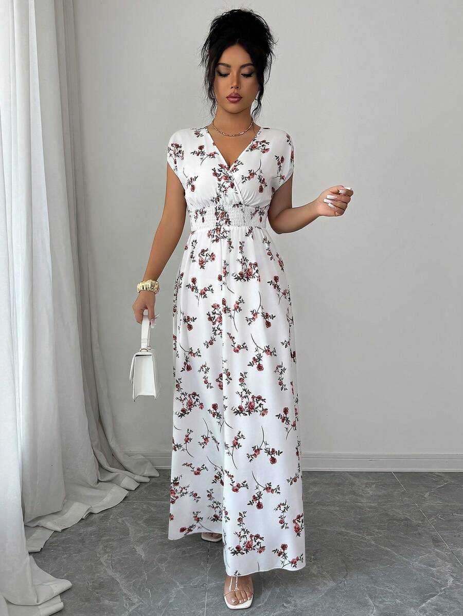 Elenzga Women V-Neck Allover Print Casual Long Dress