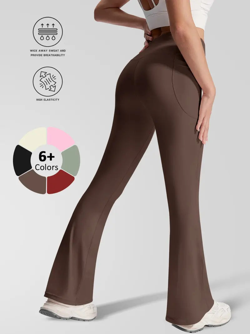 New Sporty Flared Trousers, High Waist Slim-Fit, Breathable Quick-Dry, Side Pockets, Yoga Running Gym Wear, All Seasons, Flared Yoga Bottoms