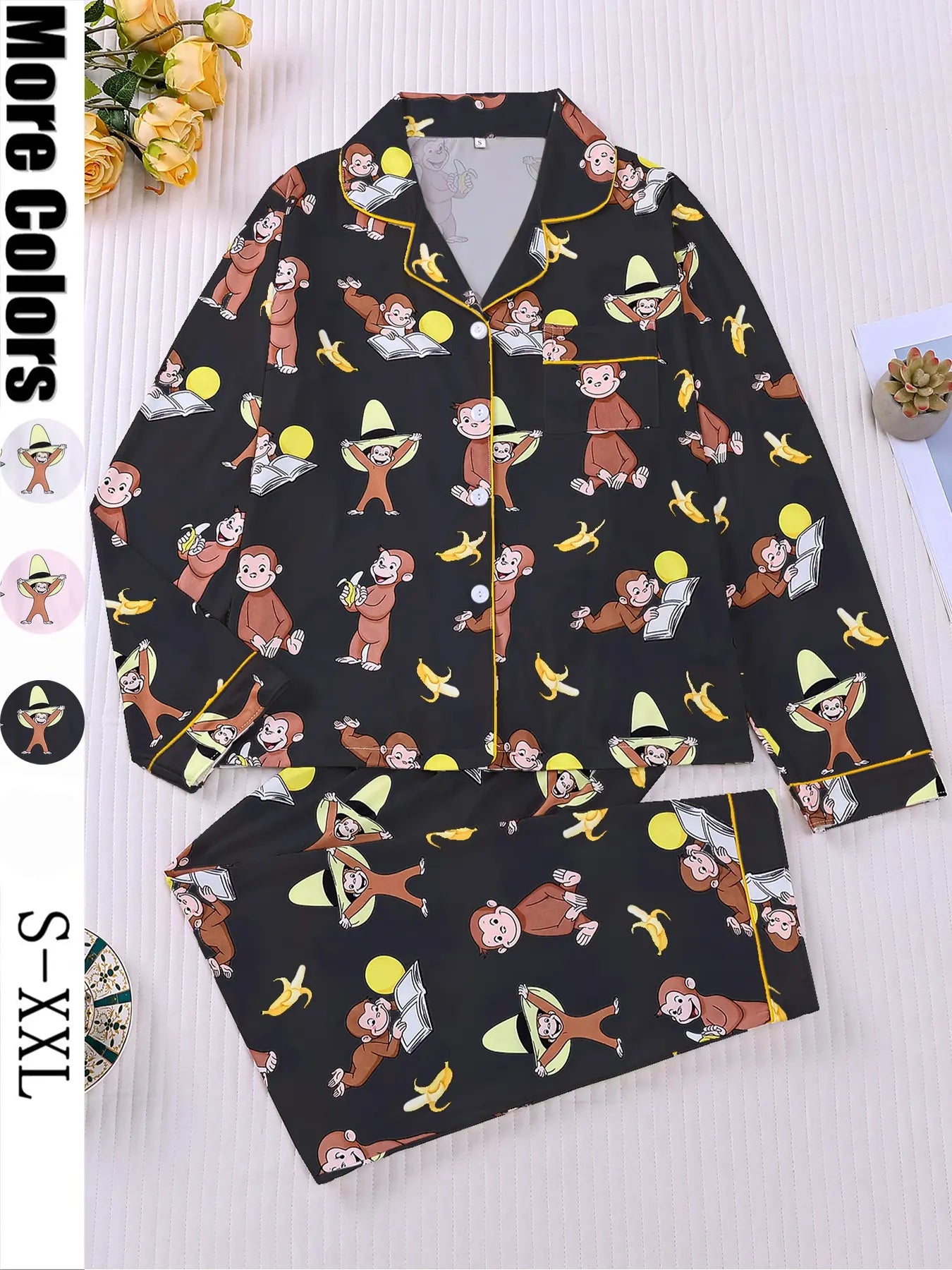 Women's Monkey Banana Print Pajama Set Pyjamas Pjs