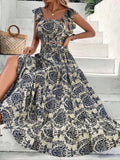 Women's Ethnic Pattern Butterfly-Sleeve Fitted Crop Top & Shirred High Waist A-Line Skirt Set Outfit, Womenswear Summer Boho Bohemian Elegant Square-Neck Top & Ruffle-Hem Long Skirt for Beach Vacations and Holidays Woven Fabric
