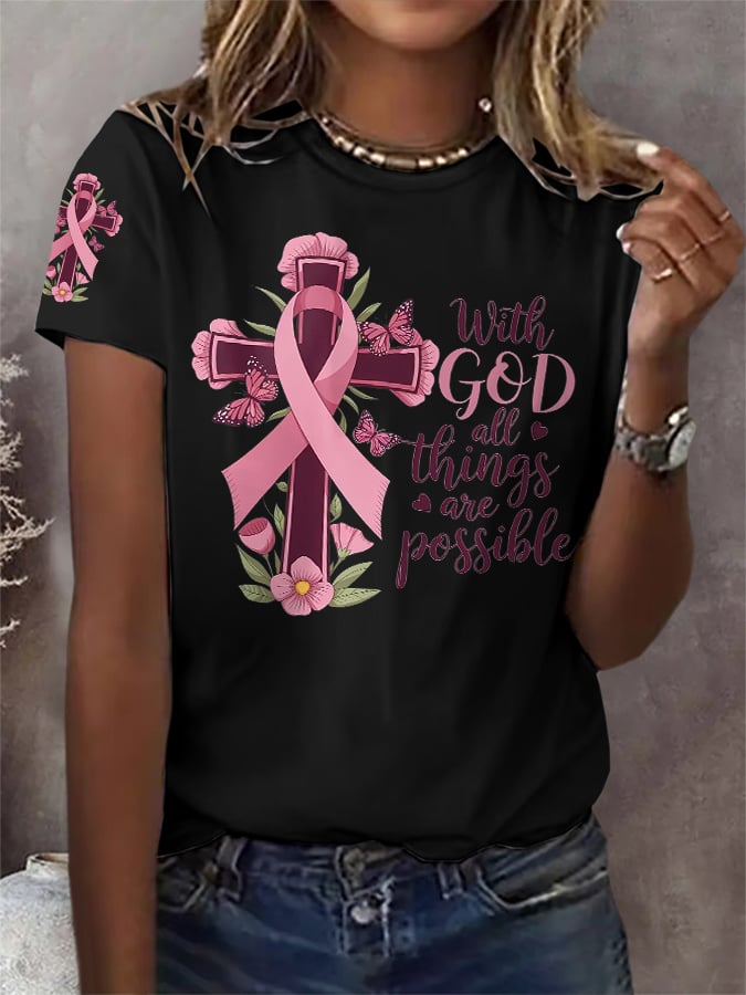 Retro Breast Cancer Awareness Pink Ribbon With God All Things Are Possible Print T-Shirt