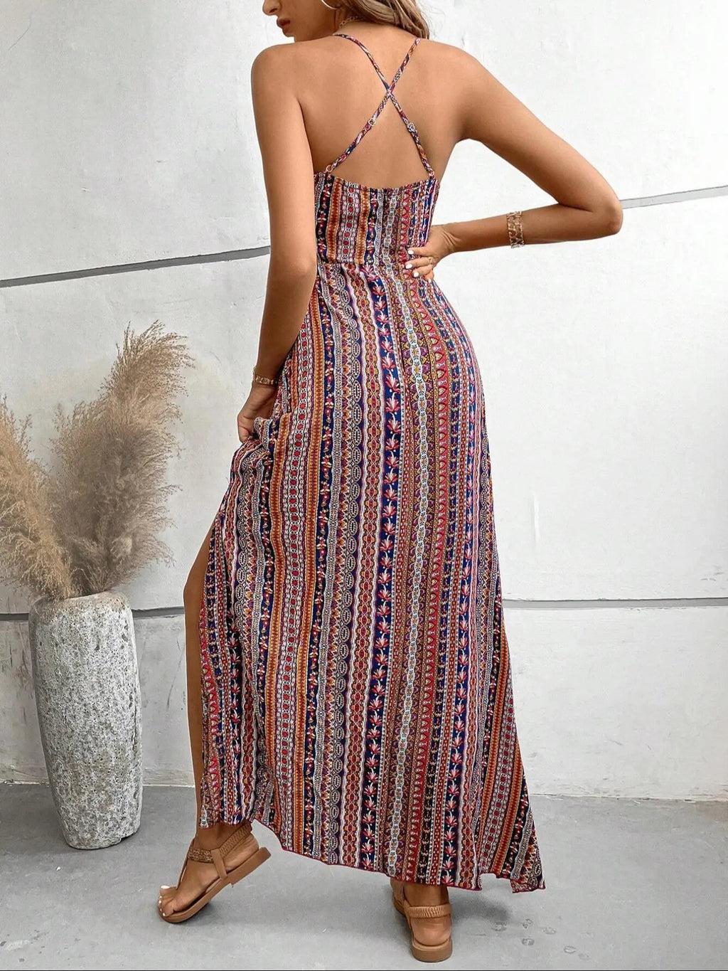 Women's Printed Split Long Sleeveless Dress, Classic Stripe Design, Backless Criss Cross Strap, Spring Summer Fall Wear, Casual Boho Elegant Bohemian Style Womenswear