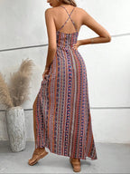 Women's Printed Split Long Sleeveless Dress, Classic Stripe Design, Backless Criss Cross Strap, Spring Summer Fall Wear, Casual Boho Elegant Bohemian Style Womenswear
